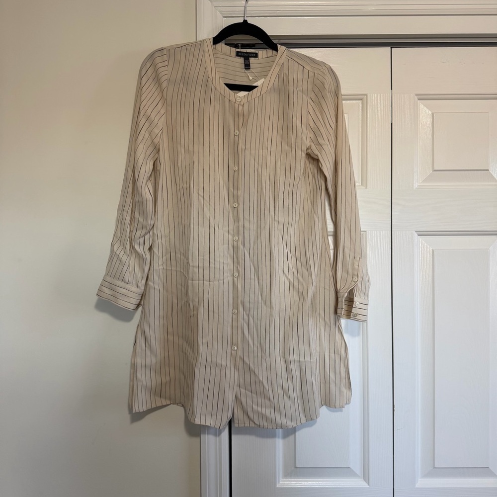 Eileen Fisher Painterly Stripe Silk Crepe Bone Long Shirt Roundneck Size Xxs,Nwt